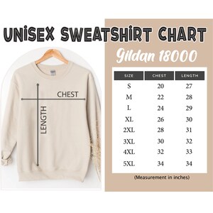 K&ouml;nnte beinhalten: Unisex-Sweatshirt-Gr&ouml;&szlig;entabelle f&uuml;r Gildan 18000. Die Tabelle zeigt Brust- und L&auml;ngenma&szlig;e in Zoll f&uuml;r die Gr&ouml;&szlig;en S bis 5XL.