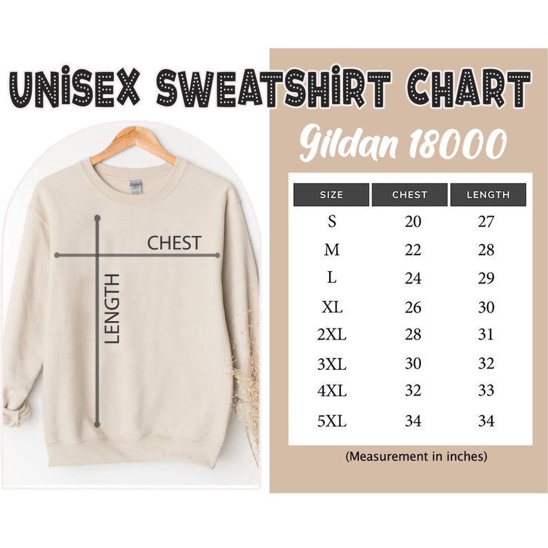 K&ouml;nnte beinhalten: Unisex-Sweatshirt-Gr&ouml;&szlig;entabelle f&uuml;r Gildan 18000. Die Tabelle zeigt Brust- und L&auml;ngenma&szlig;e in Zoll f&uuml;r die Gr&ouml;&szlig;en S bis 5XL.