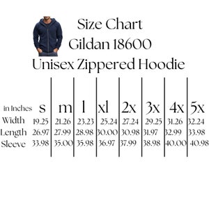 Puede incluir: Tabla de tallas para una sudadera con capucha con cremallera unisex Gildan 18600. La tabla muestra las medidas en pulgadas para el ancho, la longitud y la longitud de la manga para las tallas S a 5X.