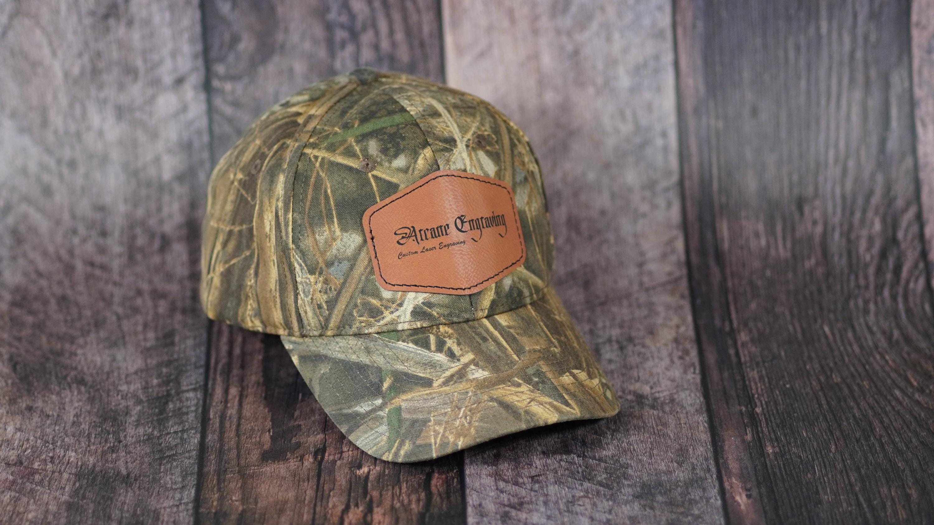 camo hat with personalized leather patch, customized leather hat patches, laser engraved leather patches for camouflage hat