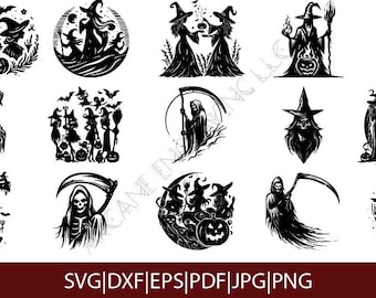 Halloween Witches and Wraiths SVG bundle - 15 witches and wraiths svg, jpg, pdf, png files - for  laser engraving, Cricut, Silhouette