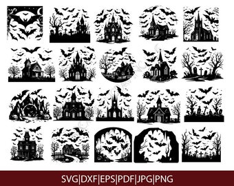 Halloween Bats in Caves SVG Bundle, spooky building dxf, creepy caves and bats clipart, halloween flying bats cut files, haunted graveyard