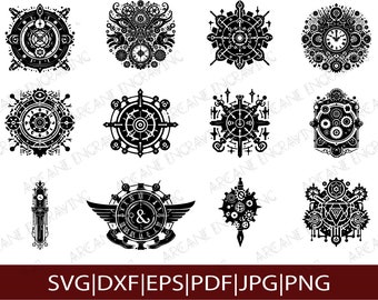 Steampunk SVG Bundle, clockwork sigil, gear designs, fantasy symbols, magic diagrams, mystical glyphs, wizard spells, ritual dxf