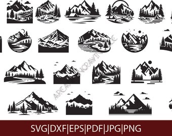 Mountain Landscape SVG Bundle, trees and hills dxf, tent camping png, deer silhouette digital files, mountain river jpgs, hills cut files