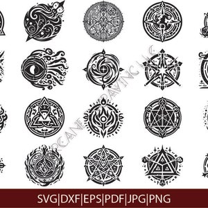 Arcane en Spell Sigil SVG-bundel, runen clipart, dnd-ontwerpen, fantasiesymbolen, magische diagrammen, mystieke glyphs, tovenaarsspreuken, rituele dxf