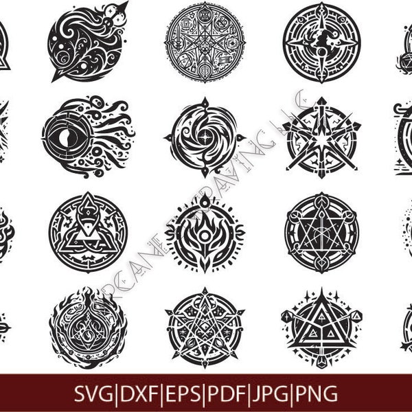 Arcane and Spell Sigil SVG Bundle, runes clipart, dnd designs, fantasy symbols, magic diagrams, mystical glyphs, wizard spells, ritual dxf