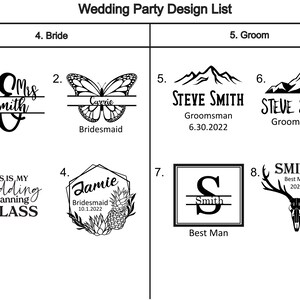 Wedding Party Design List for Personalized Engraved Yetis for Wedding Parties, Gifts or Special Occasions.