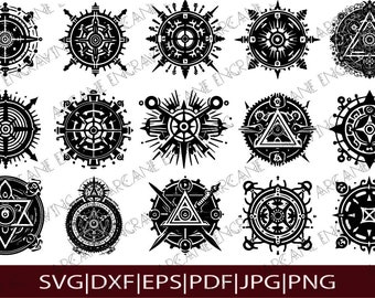 Tribal and Ancient Art SVG Bundle, clockwork sigil, fantasy symbols, magic diagrams, mystical glyphs, wizard spells, ritual dxf