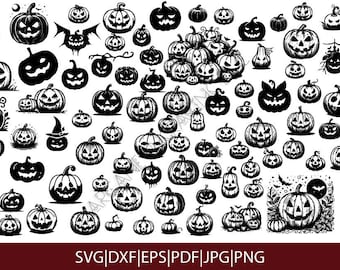 Halloween Jack-o-Lanterns SVG Bundle, spooky pumpkin clipart, creepy jack-o'-lantern dxf, scary jack o lantern png, fall gourds design files