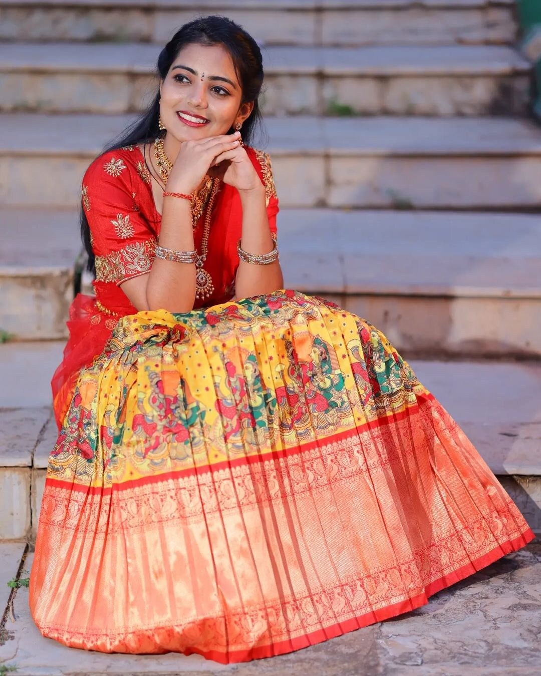 Mangala snanam  Haldi ceremony outfit, Half saree function, Half saree  designs