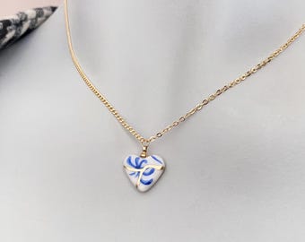 Delft blue cold porcelain kintsugi heart necklace