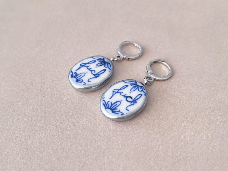Delft blue cold porcelain ornament earrings „fuck“ -18k gold-plated Silver