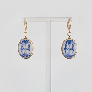 Delft blue cold porcelain ornament earrings „fuck“ -18k gold-plated image 8