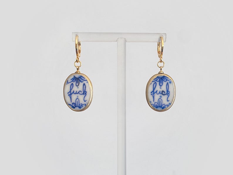 Delft blue cold porcelain ornament earrings „fuck“ -18k gold-plated image 8
