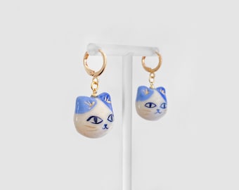 Handmade Cold Porcelain Cat earrings - real 18k gold-plated