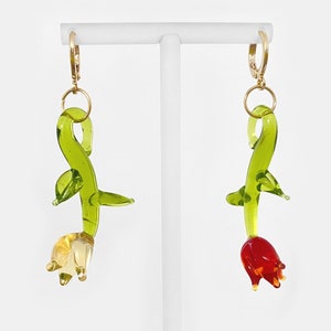 Lampwork Glass Rose Earrings - &quot;Beauty and the Beast&quot; - 18k gold plated