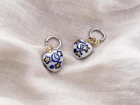 Two-tone porcelain heart Earrings with moon and stars - 18k real gold plated