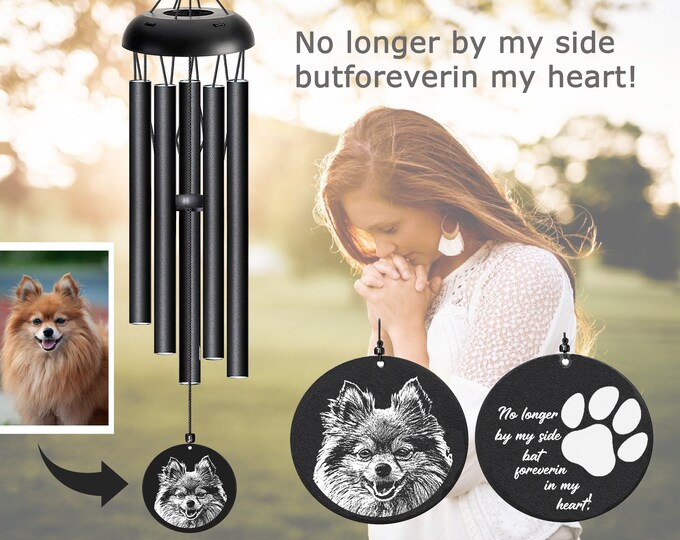 Engraved custom photo Memorial Wind Chimes, etched personalized wind chime, memorial garden chimes,Gifts for Him,Dog mom gift