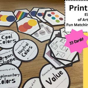 Pode incluir: Um conjunto de cartões educativos para arte e design. Os cartões apresentam formas geométricas coloridas e conceitos de teoria das cores. O texto nos cartões inclui "Cores frias", "Cores quentes" e "Cores neutras".