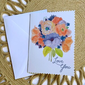 Wenskaart Originele aquarel bloemenkunst "Love You"-kaart zelfgemaakte 4 x 5,5 inch envelop