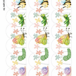 May include: A sheet of whimsical bookmarks featuring watercolor illustrations of insects and flowers. Each bookmark showcases a bee, grasshopper, butterfly, caterpillar, and snail, along with pastel-colored floral accents. The text "Ms. Mull's Classroom" is printed on the left side.