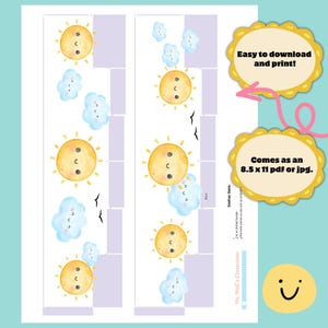 May include: A printable border sheet featuring repeating yellow suns with smiling faces and light blue clouds with smiling faces. The sheet includes text that reads Easy to download and print!, Comes as an 8.5 x 11 pdf or jpg., and Ms. Mull's Classroom.