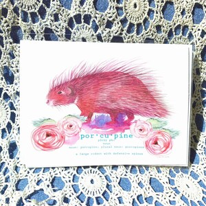 Tarjeta de felicitación original en acuarela "Puercoespín rosa", arte en blanco, tarjeta casera de 4 x 5.5 pulgadas, sobre