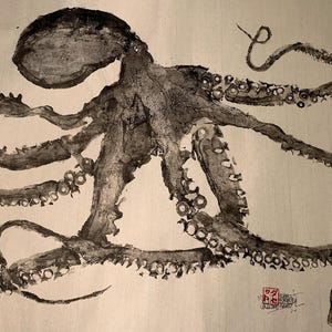 May include: Ink wash painting of an octopus in shades of grey and black. The octopus has a large head and eight long, detailed tentacles with suckers. The artwork is on a cream-coloured background, with a small red stamp in the lower right corner.