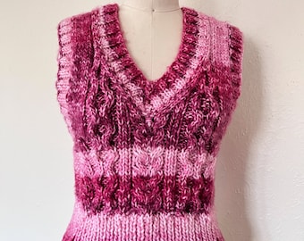 Hand-Knit Cable V-Neck Sweater Vest