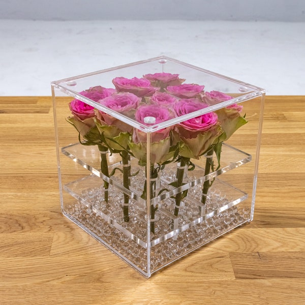 AcriflowerBox Mariage Acrylique – Boîte Acrylique 9 Fleurs – Vase Lucite Moderne – Boîte à Fleurs Transparente