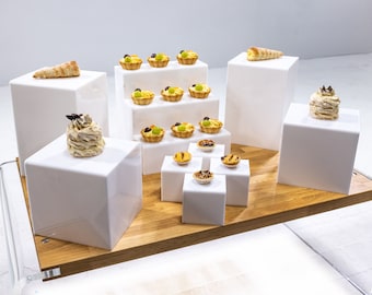 White wedding, unique set of white acrylic stands, Event Acrylic Food Riser.