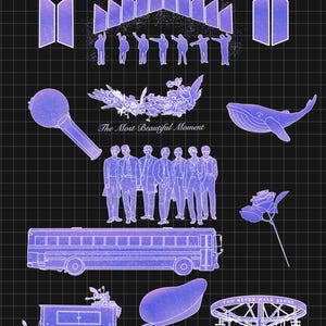 May include: Purple graphic art print on a black grid background. The image features illustrations of a bus, a whale, a microphone, and a Ferris wheel. Text includes "Yet to Come" and "The Most Beautiful Moment."