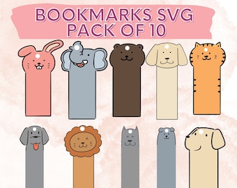 May include: A set of ten printable bookmarks featuring cute animal illustrations. The bookmarks are designed in a simple, cartoon style and include animals like a rabbit, elephant, bear, dog, cat, and lion. The bookmarks are perfect for adding a touch of whimsy to your reading experience.