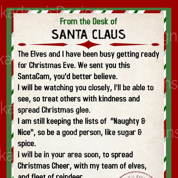 Santa Cam Letter from Santa and Matching Envelope PNG Instant Download. Ready to print.