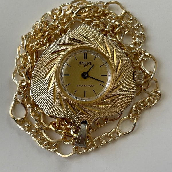 Montre pendentif vintage pour femme suisse Ancre de 1960, boîtier de couleur dorée, montre-collier de couleur dorée chic suisse de 17 bijoux, cadeau de montre rétro pour femme