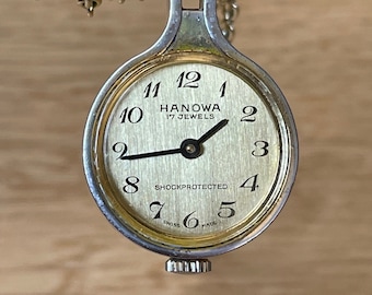 Élégante montre pendentif couleur or Hanowa suisse vintage des années 1970 avec collier couleur or, cadeau pour dames montre rétro suisse 17 rubis