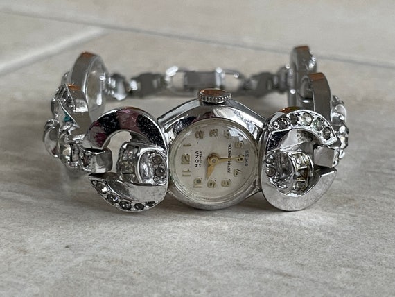 Elegant 1960 Swiss vintage ladies dress Wristwatch Mona silver color case with tiny silver color bracelet with zircons Ladies watch gift