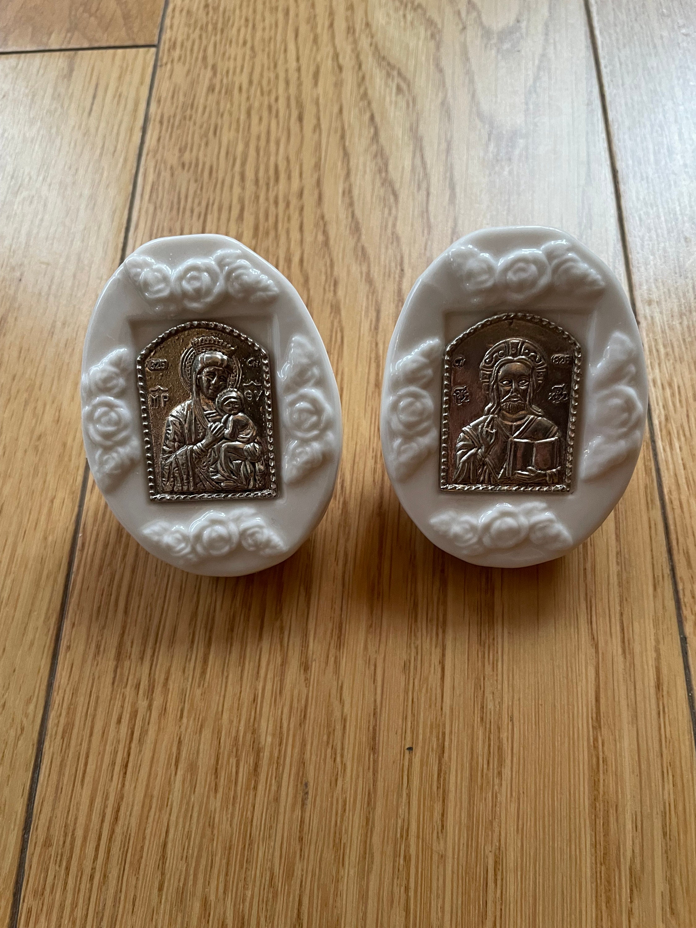 Procelain Icon Vintage Silver Porcelain Orthodox Icons Virgin Mary With Jesus and St ...