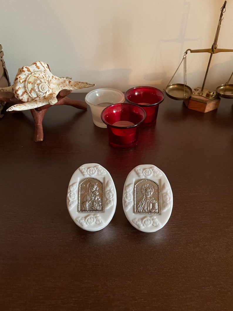 Procelain Icon Vintage Silver Porcelain Orthodox Icons Virgin Mary With Jesus and St ...