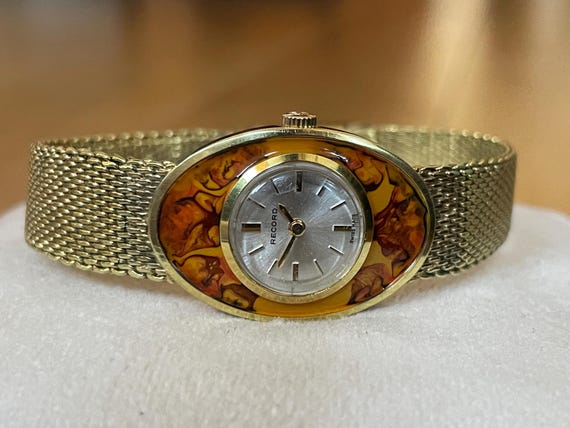 Elegant 1960's Small Swiss Vintage Gold Plated Ladies Dress Watch Record With Tiny Golden Color Mesh Bracelet, Vintage Ladies Watch Gift