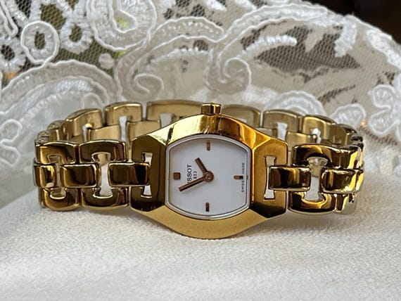 tissot gold dress watch Elegant 1980's Vintage Swiss Small Quartz Ladies Golden Color Case White Dial, Women Cocktail Watch, Watch Ladies Gift Category_Going Going Gone!