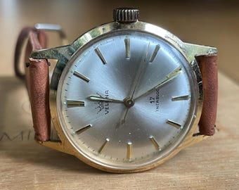 Jaren 60 Zwitsers vintage mechanisch herenpolshorloge Velona gouden kast, mechanisch herenhorloge 17 juwelen, Zwitsers retrohorloge herencadeau