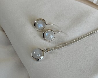 Conjunto de collar y pendientes vintage de plata de ley con piedra lunar para mujer, collar y pendientes de plata con piedras preciosas blancas estilo art déco, collar con piedra lunar
