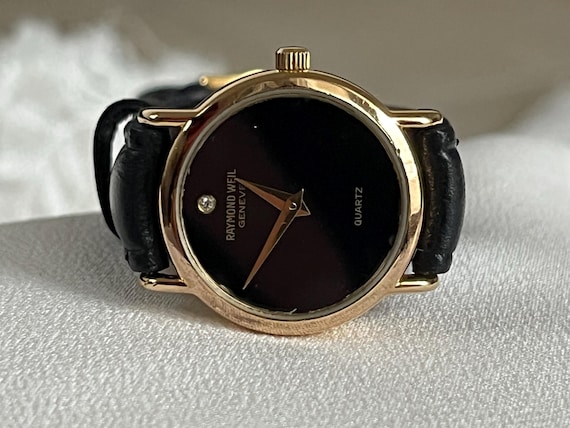 【稼働】RAYMOND WEIL 9135 黒文字盤 ゴールド レディース腕時計 Elegant 1980's Vintage Swiss Small Quartz 18k Gold Plated Ladies