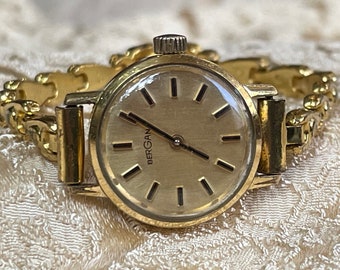Chic 1960 vintage Swiss ladies wristwatch Bergana gold color case, Art Deco Swiss women bracelet watch, Watch ladies gift, Cocktail watch