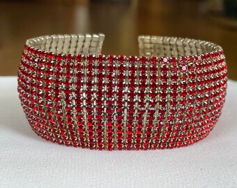 Art Deco style crystal red glass vintage cocktail bracelet, red rhinestone retro chunky link bracelet, evening party prom carnival bracelet
