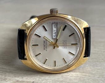 Jaren 70 Zwitsers vintage mechanisch automatisch herenpolshorloge Montine 17j gouden kast, retro mechanisch herenhorloge, horloge herencadeau
