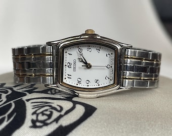 Elegant 1980-tals vintage liten japansk kvarts damklocka Seiko silverguldboett, Damcocktailkvartsklocka, Dampresent