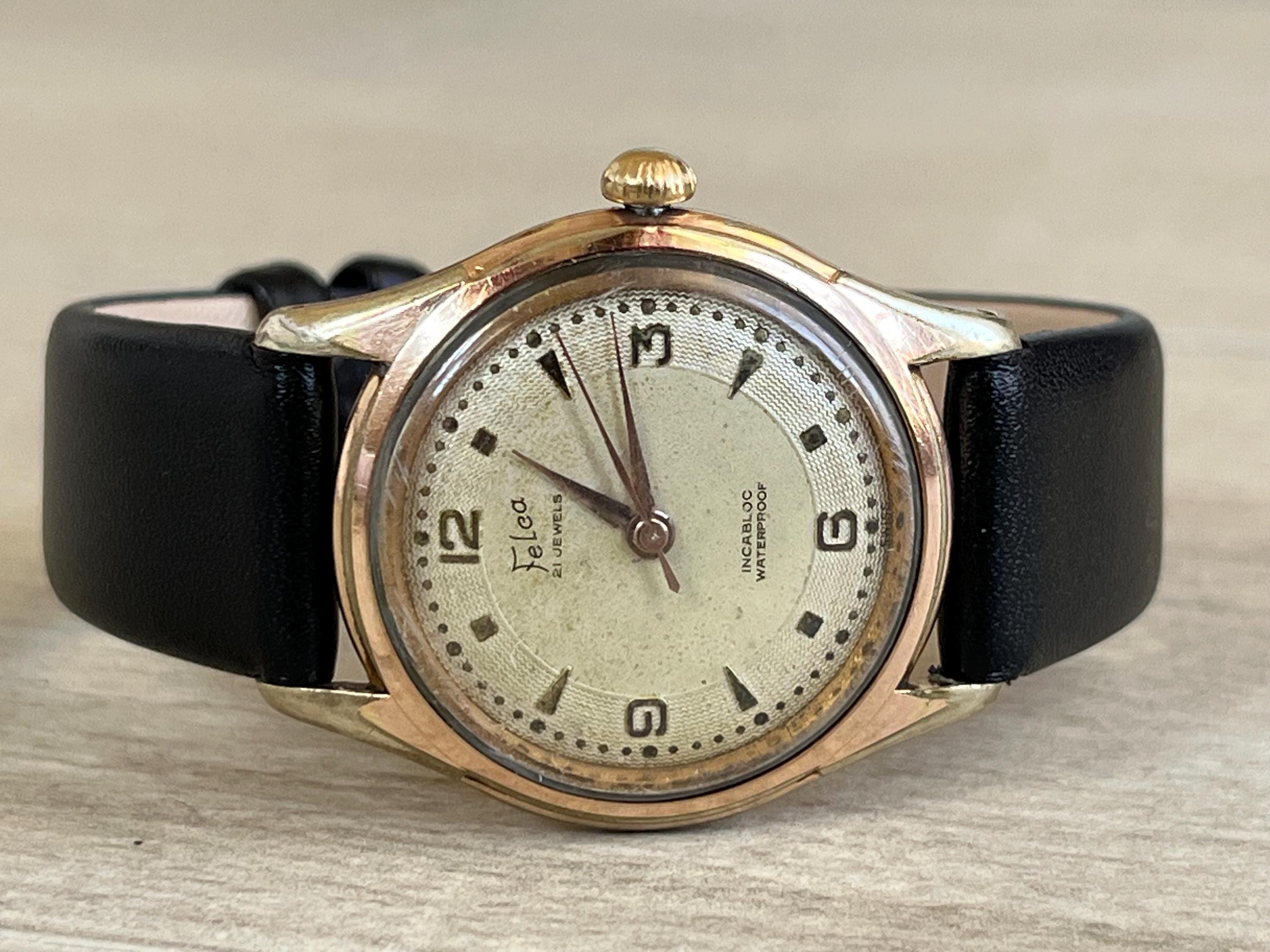 1950’s Swiss Vintage Mechanical Men's Watch Felca Rose Gold Color Case ...