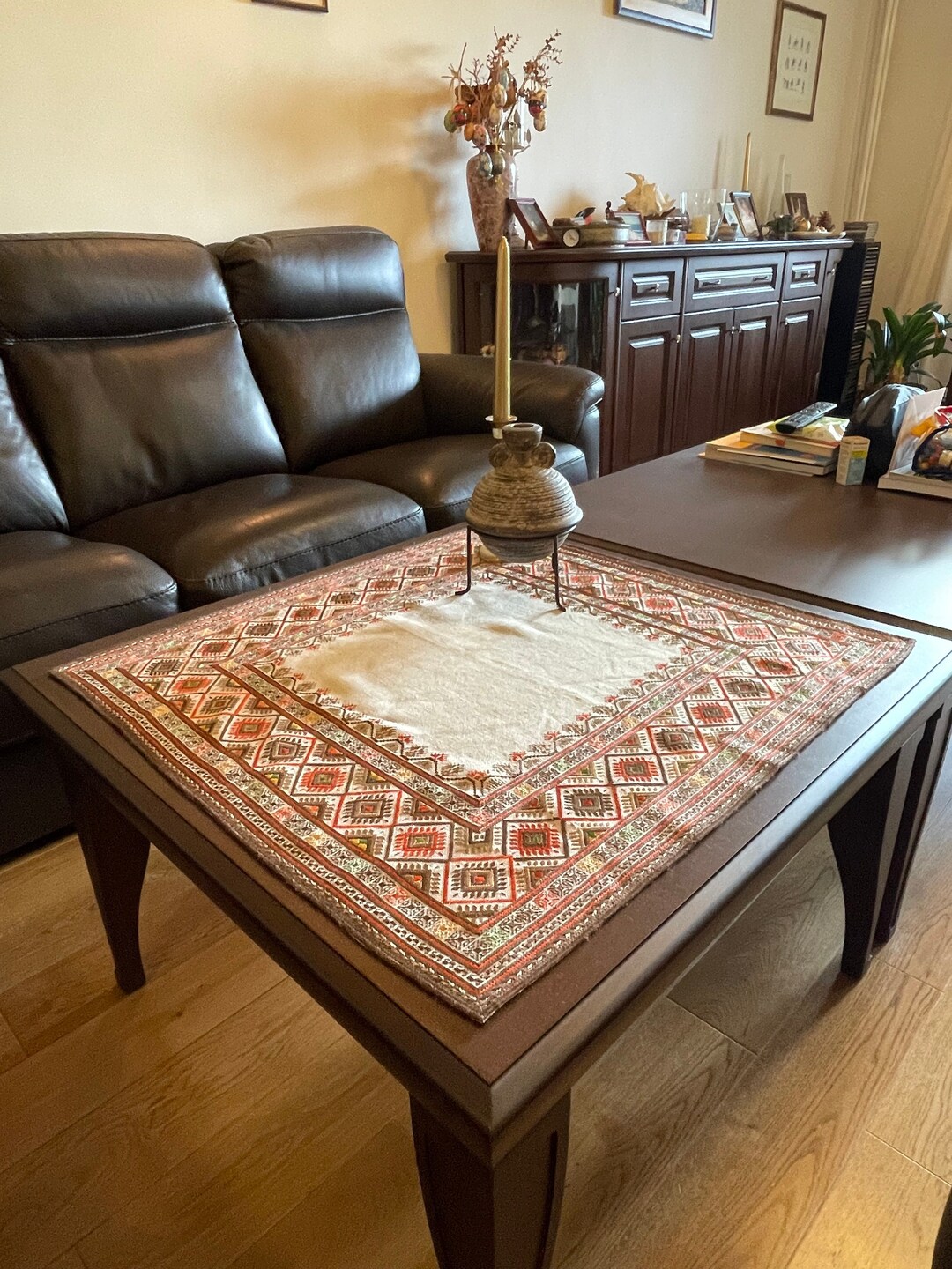 Handmade Linen Tablecloth in Green and Orange, Vintage Linen Square